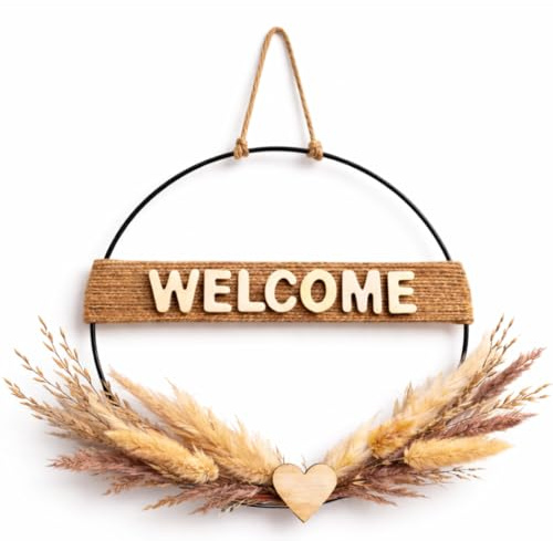 Welcome Kranz Türkranz – Boho Wandkranz mit Trockenblumen & Holz Herz – Handgemachte Wanddeko für Haustür, Wohnzimmer oder Kinderzimmer – Natürliches Geschenk