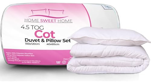 Home Sweet Home UK Toddler Anti Allergy 4.5 Tog Cot Duvet And Pillow Set—100% Microfiber Baby Duvet (100x120cm) And ToddlerPillow (40x60cm) Set—Machine Washable Soft Touch Baby Cot Bedding Set