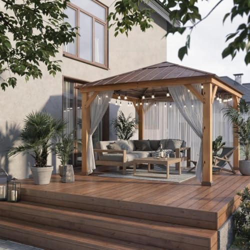 SUNJOY Tonnelle Bois Hardtop 336x336 cm, Structure en Cèdre Naturel, Toit Acier et Lanterneau Polycarbonate, Pavillon Extérieur Permanent, Résistance Neige et Vent, pour Jardin, Terrasse for Garden