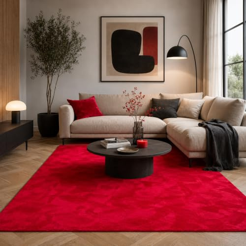 Luxus Fellteppich Pearl Rot – Weicher Kunstfell Hochflor Shaggy Teppich