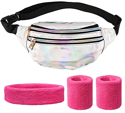 BETESSIN 80er Jahre Damen Outfit Set - inkl. Schillernde Silber Bauchtasche und Neon-Pinke Schweißbänder - Kostüm Accessoires für 1980er Mottoparty, Neon Party, Karneval, Fasching, Fastnacht uvm.