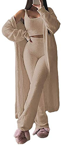 Zopmopae Damen Fuzzy 3-teiliges Lounge-Set Open Front Cardigan Crop Tank Tops Weite Beinhosen Freizeitkleidung Outfits Pyjamas Set
