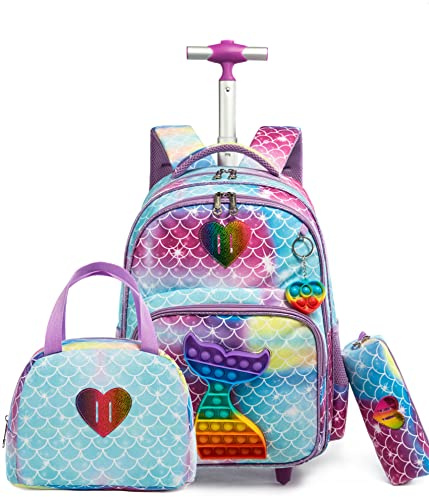 HTgroce Rollrucksack Schulranzen mit Rollen für Mädchen Rucksack 16 Zoll Set 3 in 1 mit Lunch Bag und Mäppchen Pop Fidget Bag Geschenk für Kinder.