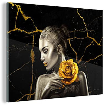 Glasbild Glasfoto Wandbild Bilder Deko 80x60 cm Frauen - Rosen - Gold - Marmor