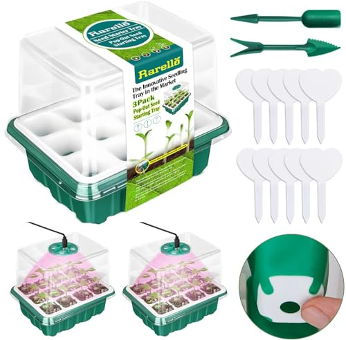 Rarello 3 Packs Seed Starter Tray with Grow Light,Reusable Pop-Out Seed Starter Kit,36 Cells Seedling Starter Trays with Humidity Domes,Indoor Gardening Plant Germination Trays for Seeds Starting
