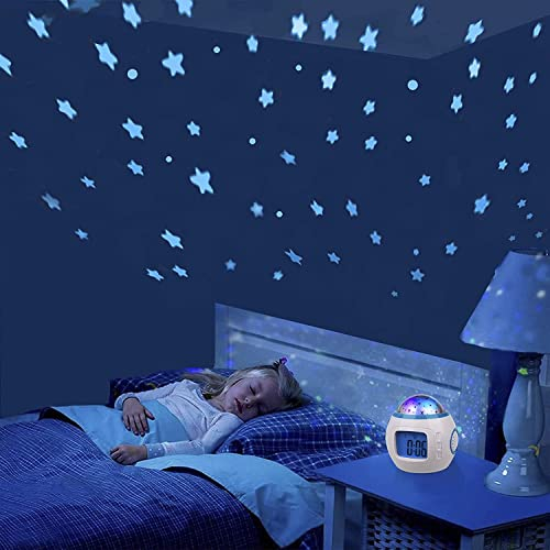 Sveglia Bambini da Comodino, Proiettore di Stelle con Temperatura, Data Snooze LED Digitale 7 Colori, 10 Suonerie Orologio da Tavolo e Camera da letto
