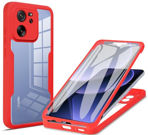 COMAKU Funda Xiaomi 13T / 13T Pro 5G, 360 Grados y Protector Antigolpes [Ultra Hybrid] Transparent PC Dura Resistente + Silicona Bumper, Doble Cara Carcasa - Rojo