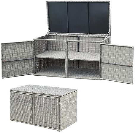 KOMFOTTEU Rattan Auflagenbox, Aufbewahrungstruhe mit Doppeltüren und Deckel, 2 stöckiger Gärtnerschrank, langlebige Aufbewahrungsbox, Aufbewahrungsbehälter für Garten, Hof(Grau)