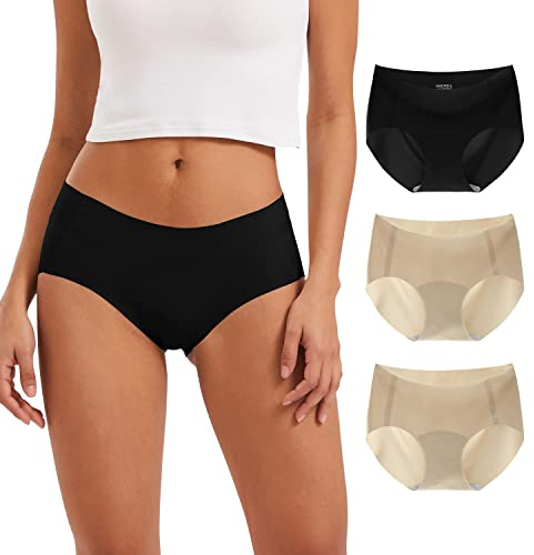 INNERSY Seamless Underwear for Women Spandex Ladies Knickers Invisible Hipster Panties Pack of 3 (12, Black/2 Beige)