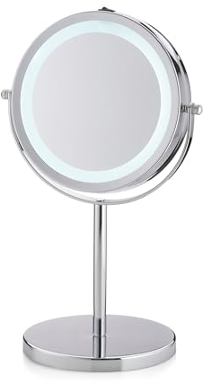kela Schminkspiegel mit Beleuchtung und Vergrößerung TIO 13 cm, 1-/5-fach, Standspiegel, Metall verchromt, Rasierspiegel rund