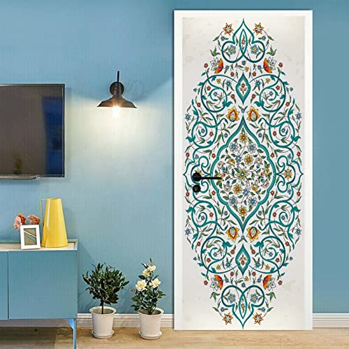 A.Monamour Adesivo Porta Autoadesiva 3D Ornamento Di Lusso In Motivo Floreale Turchese In Stile Orientale Vinile PVC Adesivi per Porte Interne Pellicola Poster Sticker Murale Parete Carta da Parati