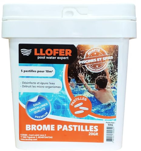Llofer - 5kg Pastilles de Brome 20g - Dissolution Lente & Traitement Longue durée - Désinfection sans Odeur de Chlore - Aussi Efficace Que Le Chlore - Haute tolérance au pH - Brome Piscine