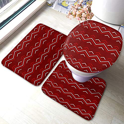 Set 3 Teilig Badvorleger Weihnachten Rotes Muster Zickzack Abstrakte Kunst Berge Wellengrafik Badgarnitur Badematten Langlebige Anti-Rutsch Wc-Deckelbezug, Für Wohnzimmer, Badewanne