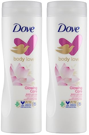 Dove Body Love Glowing Care Feuchtigkeitsspendende und nährende Körpercreme für alle Hauttypen mit Reismilch und blumigem Duft – 2 Flaschen à 400 ml