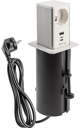 GTV - Prise de meuble Tower, prise encastrable extensible, 1 prise française, 1 x USB A, 1 x USB C, longueur du câble 1,5 m, couleur blanche, pour bureau, plateau de table, cuisine et bureau