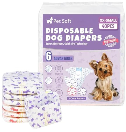 Pet Soft Female Dog Diapers - Disposable Doggie Diapers with Wetness Indicator, Puppy & Cat Diaper Super Absorbent, Fit for Female Dog in Heat or Incontinence, 40pcs (XXS, Mixed)