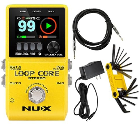 NUX Loop Core Stereo Guitar Effects Looper Pedal, 6 hr Record Time, Stereo Audio, Drum Patterns, MIDI Control, Cab Simulation for Output to Mixer or Multiple Amps with Tonebird Power Supply Bundle