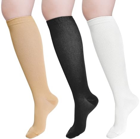Heyu-Lotus Compression Socks for Women Men, 3 Pairs Surgical Compression Stockings Flight Socks Knee High Support Socks for Sport Pregnancy Nursing Varicose Veins Travel Work 20-25 mmHg