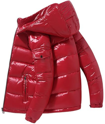 Kraftiga, quiltade och blanka dunjackor för män, funktionella vadderade jackor med huva, Röd, L