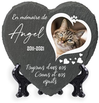 Plaque commémorative carrée personnalisée 25 x 25 cm avec nom, Date, Photo et Support pour Animal Domestique, Chat, Chien, Ardoise, Pierre tombale - Photo Coeur
