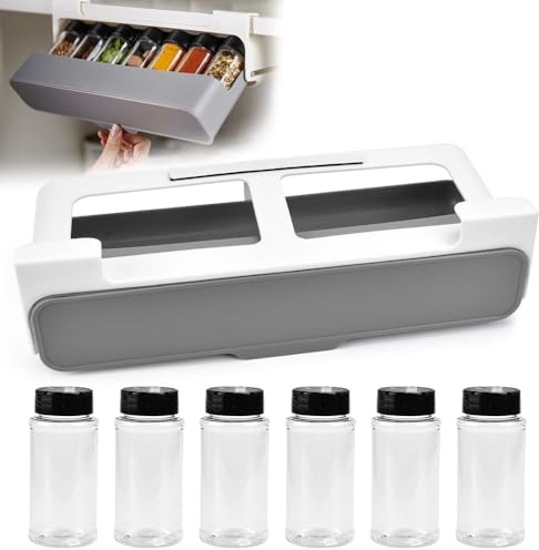 MININUSI Gewürzregal Schublade, mit 6 Gewürzgläser Gewürz Organizer für Gewürze, Regalstärke bis 1.8 cm Gewürzständer, ausziehbar Gewürzhalter, Gewürz Organizer Schublade Kunststoff Gewürzorganizer