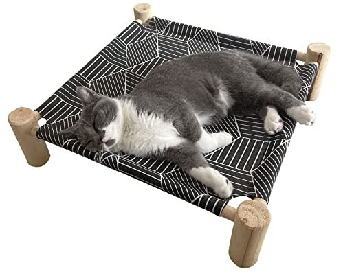 Pozico Cat/Dog Bed Hammock Cat Bed, Wooden Dog Elevated Indoor Outdoor Beds, Raised Cat Cots Furniture Pet Bed Puppy Bed Portable Breathable Mesh Cat Beds for Small Animals-Black Diamond