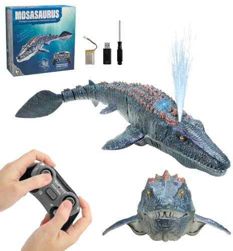 HONPHIER 2.4GHz Remote Control Mosasaurus Boats, RC Mosasaurus Toys with Water Spray, RC Electric Dinosaur Toy Boat for Kids, Dual Propellers, Bath Pool Ocen and Lake Toys (Grey)