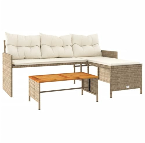 vidaXL Gartensofa in L-Form mit Tisch Kissen, Outdoor Sofa Terrassensofa, Garten Sofagarnitur, Gartenmöbel Sitzgruppe, Beige Poly Rattan