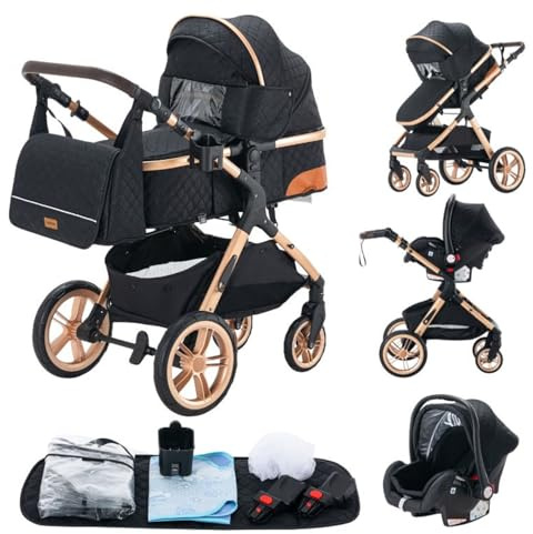 Carrito bebé 3 Piezas, Carro, Carrito bebé 3 en 1, Silla Paseo, Sistema de viaje, Plegable, neumáticos de caucho, Con accesorios, Góndola, Adaptateurs, 25 kg (XX1 Negro)
