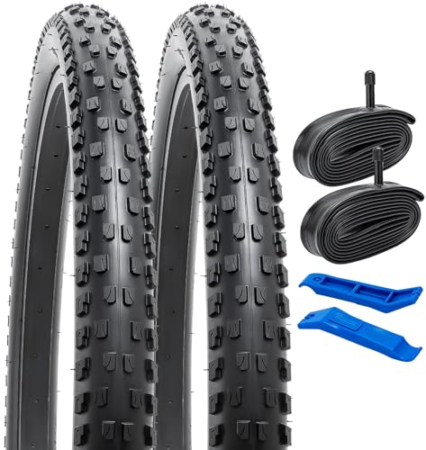 YunSCM 2-Pack 26 Bike Tyres 26x2.10 Tires 54-559 and 26 Heavy Duty Inner Tubes Schrader Valve AV32mm, Compatible with 26x2.0 26x2.1 26x2.125 Mountain Bike Bicycle Tyres and Tubes (W-2115)