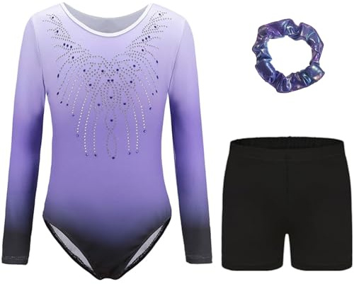 Kiscorpse Dreiteilige Gymnastikanzug Mädchen Turnanzug Leotard Set mit Turnshorts und Haarband, Langarm Ballettröckchen Kleid Trikotanzug Outfit Set