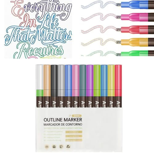 Cmeilau Markierungsstift zum Hervorheben, zweizeiliger Textmarker, zweizeiliger Umrissmarker, metallische Farbmarker, Gel-Glitzermarker zum Hervorheben, Unterstreichen und Ausmalen (12 Colors)