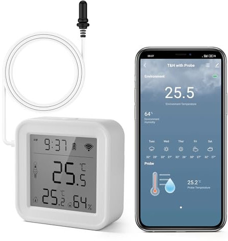 Sensore Temperatura Wifi, Igrometro Digitale Interno ed Esterno con Sonda Esterna, Termometro Frigorifero Meter App Monitor, Baby Room Termometro per Frigorifero, Acquario, Bianco 5,6 * 5,6 cm
