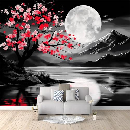 Carta da parati Nero Moderna Murale Decorazione 200 x 140 cm, per Pareti Diverse Stanze Albero di ciliegi in fiore giapponese ad acquerello a tema carta parati - non tessuta poster giganti da parete