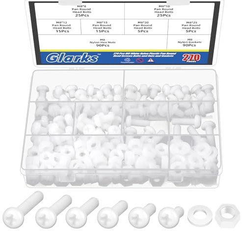 Glarks 270pcs M8 x 8/10 / 12/15 / 20 / 25mm nylon crosshead vis écrou rondelle Kit, blanc nylon crosshead vis machine pour diverses applications de fixation industrielle