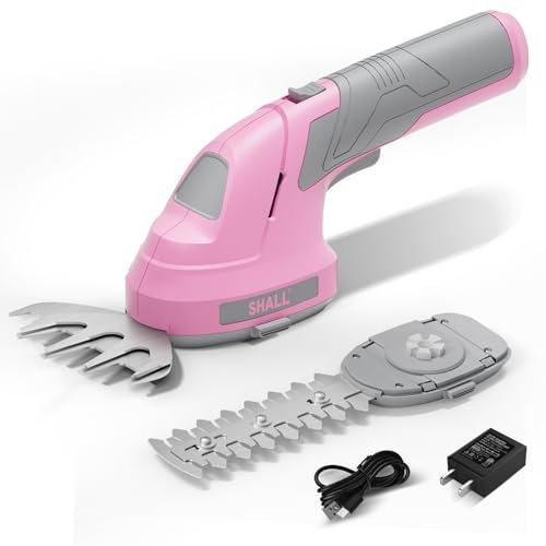 SHALL Cordless Grass Shears, Hedge Trimmer,pink 7.2V Electric Shrub Shears 2 in 1 Handheld Grass Cutter