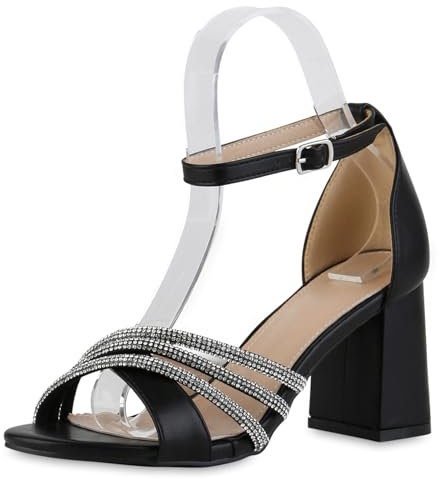 VAN HILL Damen Riemchensandaletten Blockabsatz Strass Party Schuhe 216955 Schwarz 38
