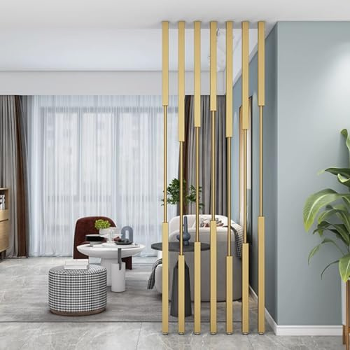 GUAWJRZDP Moderne Trennwandsäule Aus Metall, 7-teilige Raumteiler-Pfosten-Sichtschutzwände, Trennwand-Sule Fr Den Eingangsbereich, Holz Lamellen Säulen mit Verstellbaren Füßen(Gold,110cm/43.3in/3.60ft