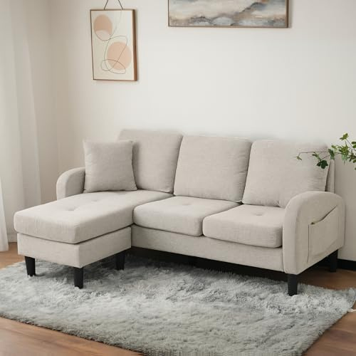 Lcoho L-förmiges Ecksofa mit Chaiselongue–3-Sitzer Sofa(166 x 118 x 77 cm) Atmungsaktiver Baumwoll-Leinenstoff,Kunststoffbeine,Modulares Design,Ideal für Wohnzimmer,Apartments und Büros (Beige)