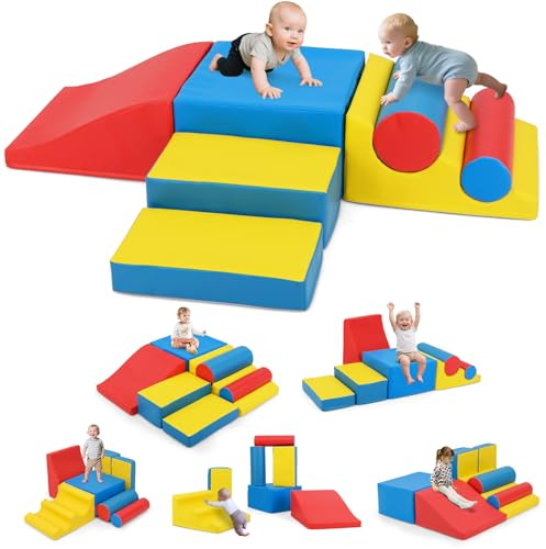 RELAX4LIFE Set 7 Blocchi da Arrampicata per Bambini, in Schiuma con Fissaggi a Strappo, Copertura Impermeabile, Base Antiscivolo, Centro Attività Indoor per Neonati di 1+ Anno