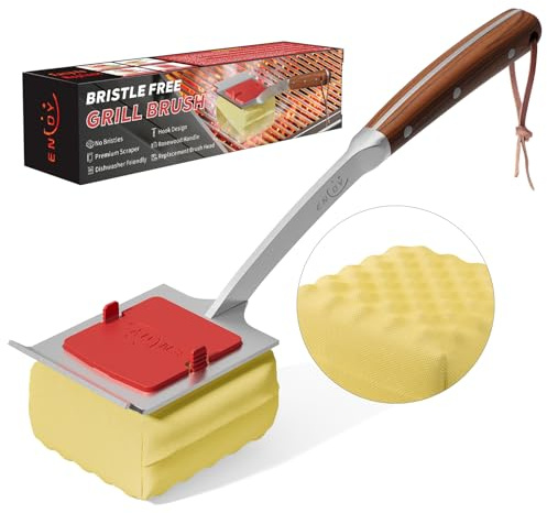 ENLOY Grill Brush Bristle Free, 17 Grill Brush for Outdoor, Steam Cleaning Barbecue Tool with Extended Rosewood Handle and Replacement Head, Safe Barbecue Brush with Scraper for Most Grills