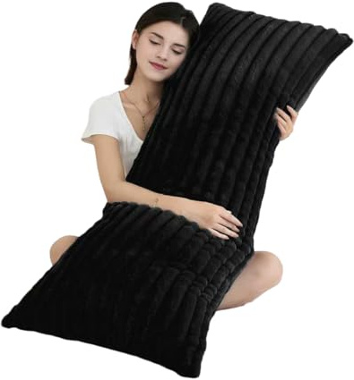 Memfydu Full Body Pillow with Fluffy Stripe Faux Fur Removable Cover, Long Bed Pillow Adult 20x54 Inches for Side Sleeper and Pregnancy, Black.