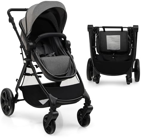 GOPLUS Cochecito Plegable 3 en 1 con Asiento Reversible, Capota Ajustable, Arnés de 5 Puntos, Soporte para bebidas, Carrito de Viaje con Cesta de Almacenamiento, Gris