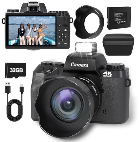 Digitalkamera 4K 64MP 1080P FHD Fotokamera mit Autofokus 16X Digitalzoom Fotoapparat Tragbare Kompaktkamera, 4,0-Zoll-Touchscreen mit 32GB TF-Karte LED-Blitz für Jugendliche und Anfänger