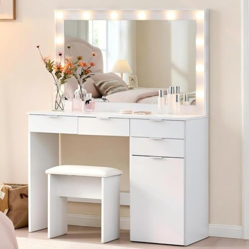 CLIPOP Große Schminktisch mit LED-Beleuchtung und Spiegel, Vanity Table, Kosmetiktisch mit 4 Schubladen und Kabinett, Frisiertisch mit Hocker für das Schlafzimmer, Weiß