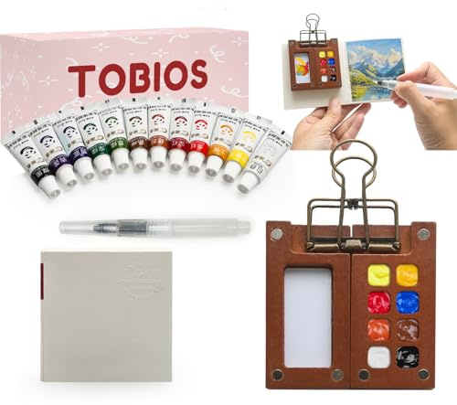 Tobios Mini Watercolor Kit – 12 Color Portable Painting Travel Set with Foldable Wooden Palette, Sketchbook & Brush, Perfect for Beginners, Outdoor Sketching, and Gift Giving