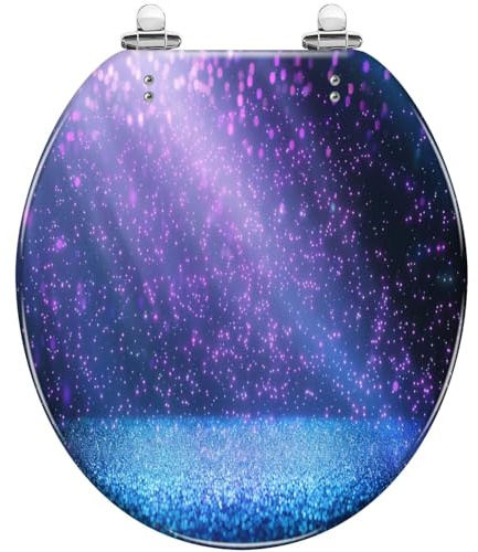 Purple and Blue Glitter Resin Toilet Seat - Slow Quiet Close with Quick-Release Hinges, Easy to Clean (16.5x14.5 inches)