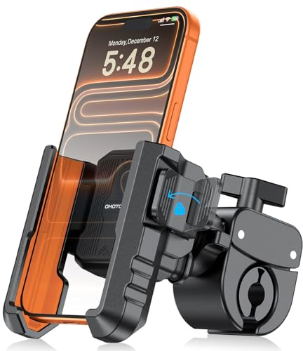 OMOTON BK01 Support de téléphone anti-vibration pour rétroviseur et guidon, support de téléphone de moto résistant aux chocs avec verrouillage rapide, compatible avec iPhone et tous les téléphones