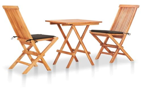 HETFTJN 3-TLG. Bistro-Set aus Massivholz Teak mit Taupe Sitzkissen, Klappbares Gartenmöbel-Set bestehend aus 1 Bistrotisch 60x60 cm und 2 Klappstühlen für Balkon Terrasse und Garten