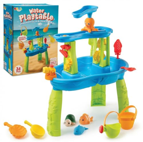 Joya Creative Wassertisch für Jungen – Blau und Grün – Wasserspieltisch – 34-teiliges Zubehörset – Wasserfalleffekt – Maße 59 x 38,5 x 73 cm